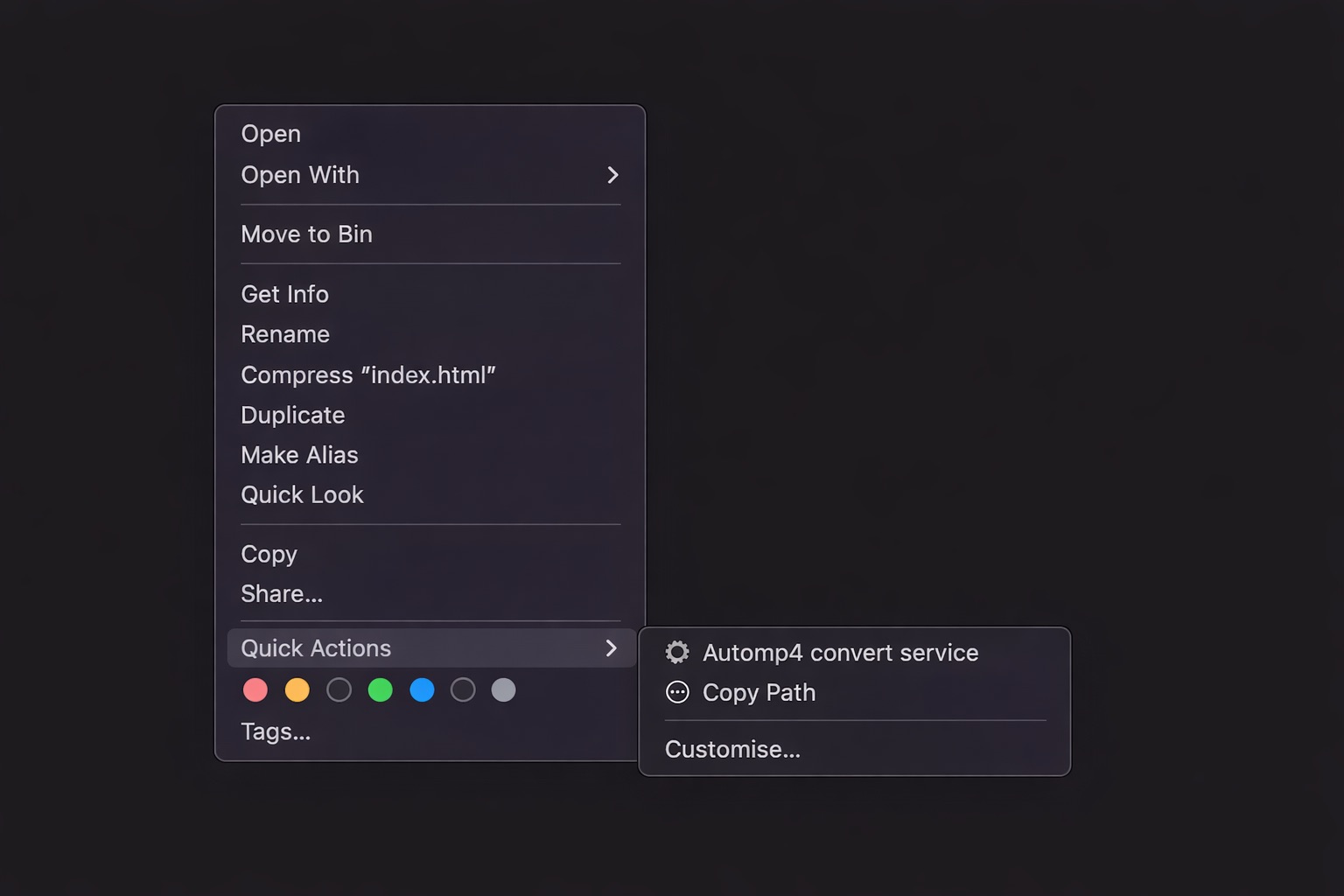 Quick Actions menu in Finder showing Automator workflows